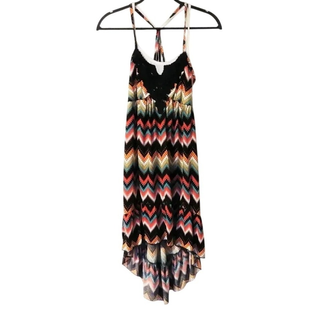 No Boundaries Multi Color Chevron High Low Dress Black Crochet Lace Small 3-5